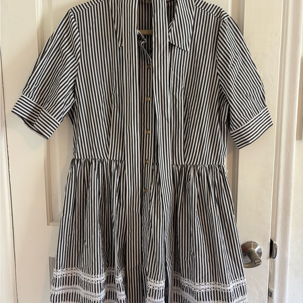 Calvin Klein Black and White Striped Mini Dress with Lace Trim and Collar